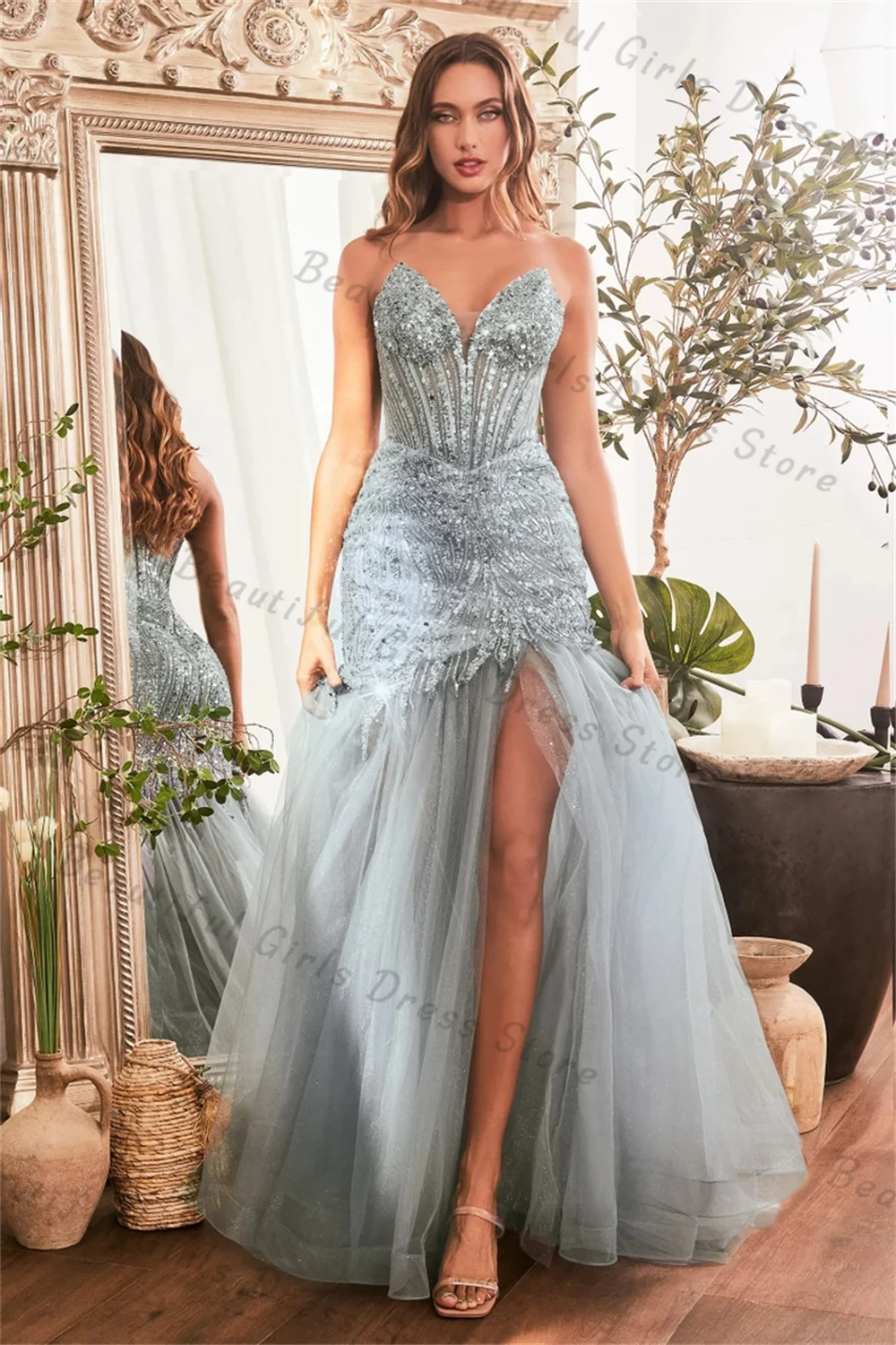 Tulle Sweetheart Sparkly Corset Mermaid Prom Dresses Sheer Pleated Sleeveless Backless Evening Gowns Sequins Long Ball Gowns