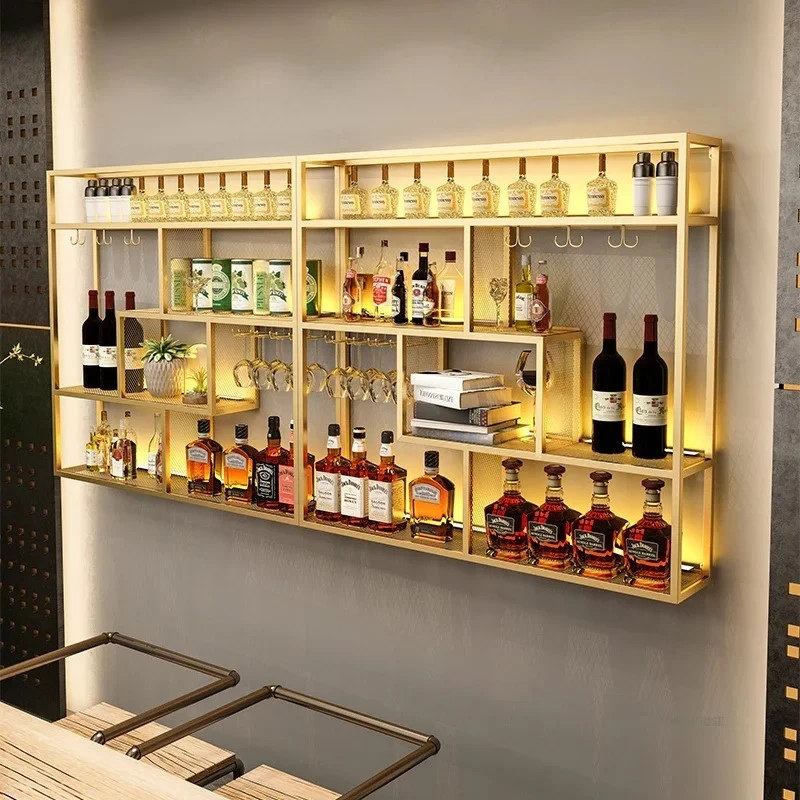 & Minimalist Wrought Iron Wine Rack High-end Restaurant Display Cabinet Light Luxury Wall-mounted Bar Cabinet with Light for Bar
