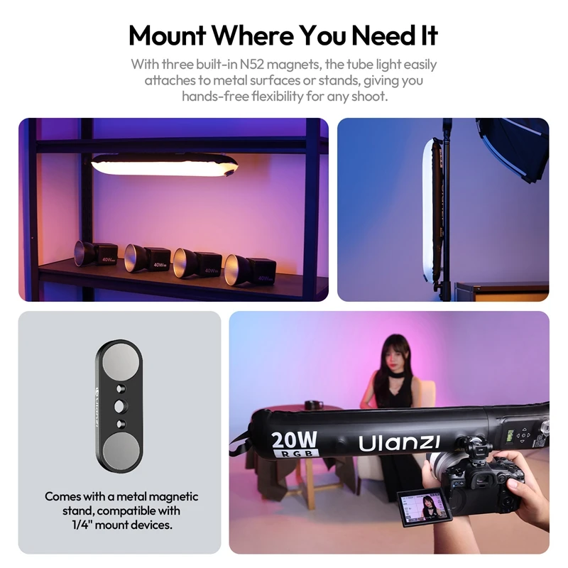 울란지 UA20C 20W RGB 마그네틱 에어 튜브 라이트 1800-10000K 풀 RGB 휴대용 에어 튜브 라이트 (라이브 스트리밍 사진 촬영용)
