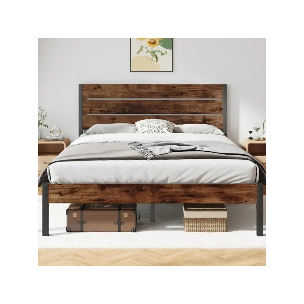 Queen Bed Frame with Headboard and Footboard, with Under Beds Storage, All-Metal Support System,Rustic Brown Queen Bed Frame