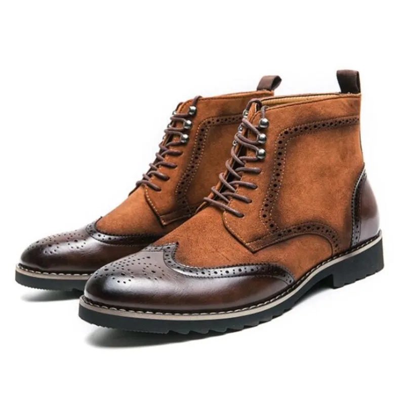 British Ankle Boots Men Shoes Fashion Retro PU Stitching Faux Suede Brock Carving Lace Up Classic Casual Street Daily D491