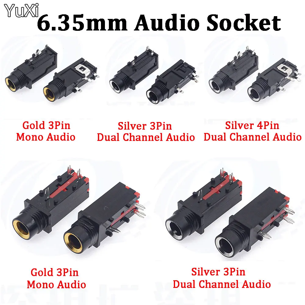 10Pcs  Audio Jack 6.35mm 3Pin/4Pin Mono Audio  Dual Channel  Audio Socket Microphone Welding Line For Microphone Socket