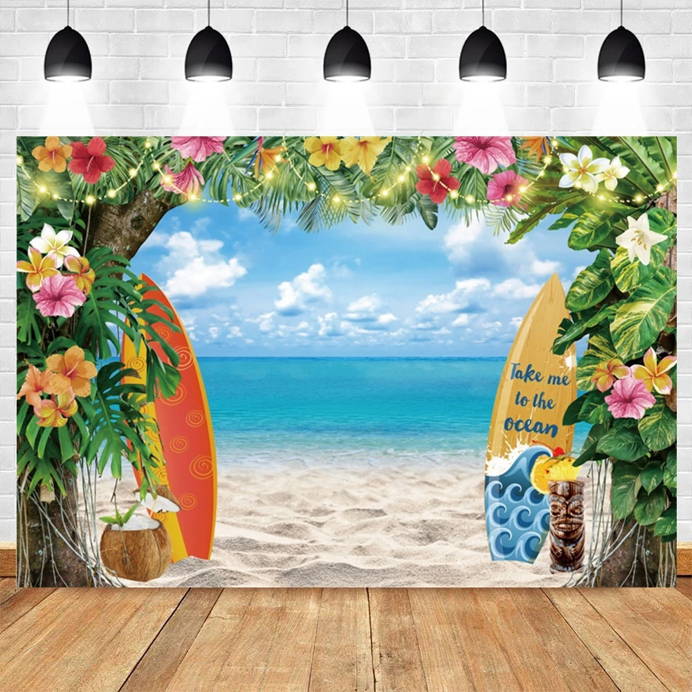 Tropical Summer Seaside Backdrop Hawaii Palm Tree Blue Sky Sea Ocean Beach Party Photo Wedding Baby Birthday Background Banner