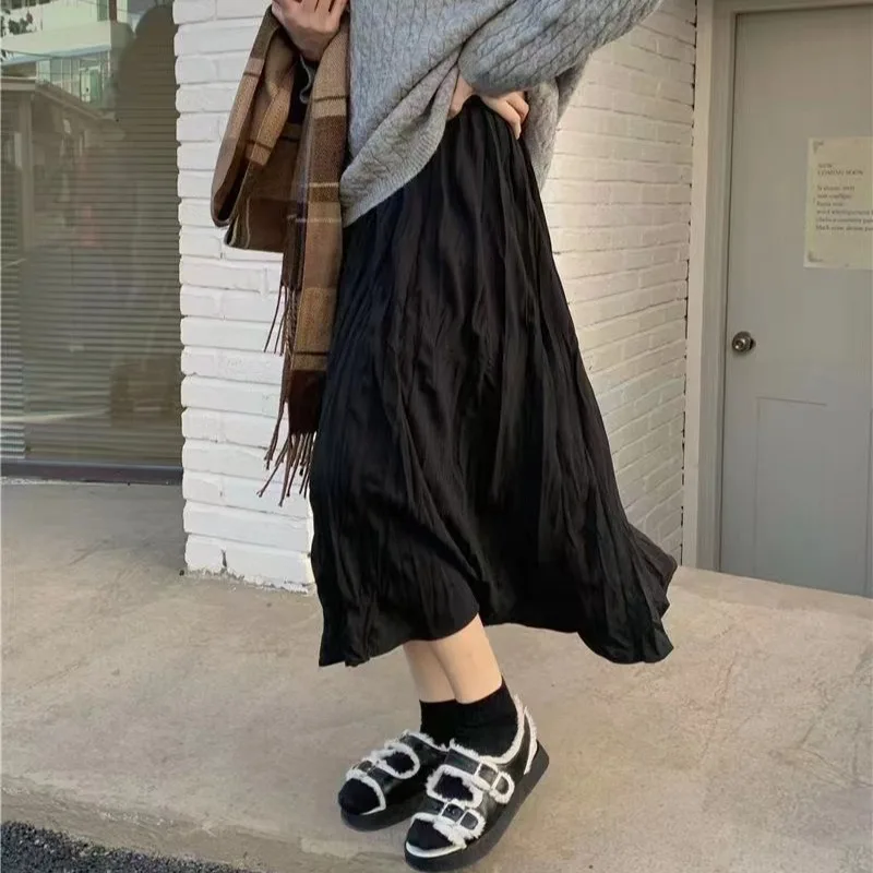 Spring Autumn White Pleated Midi Skirt Women's A-Line High Waist Slim Straight Fairy Skirt Commute Style High Waist Pleated