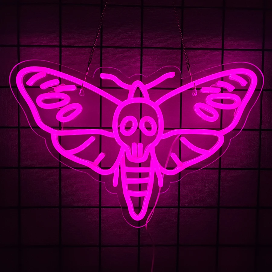 Skull Death Moth Neon Sign Pink LED Neon Light Wall Decor for Bedroom Tattoo Shop Gothic Halloween Punk Decorations Gifts