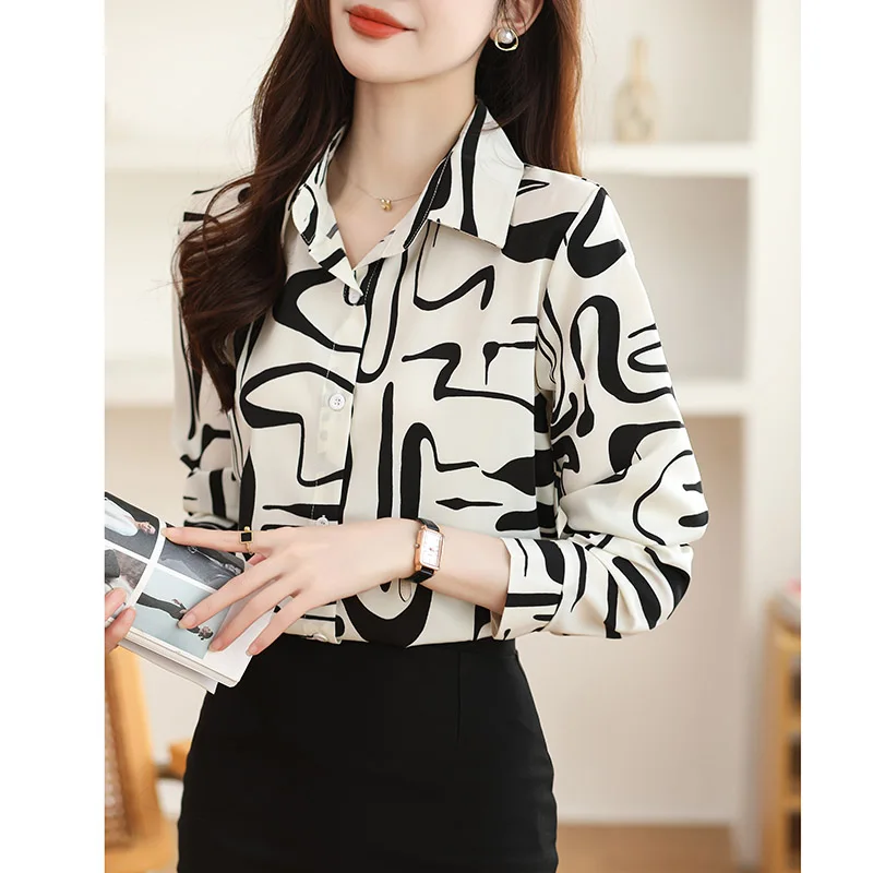 Women\'s Clothing French Fashion Print Chiffon Shirt Spring Autumn New Long Sleeve Turn-down Collar Button Blouses Chic Loose Top