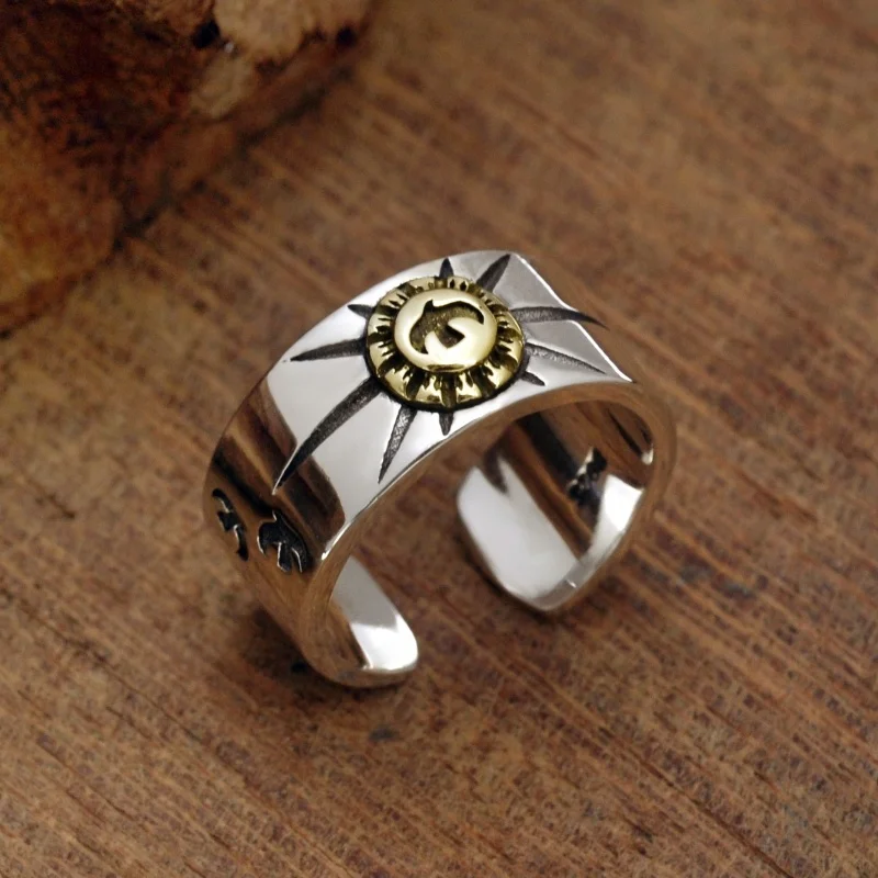 

NewS925Sterling Silver High Bridge Inlaid Copper Flying Eagle Ray Totem Mark Open Men and Women Simple Ring