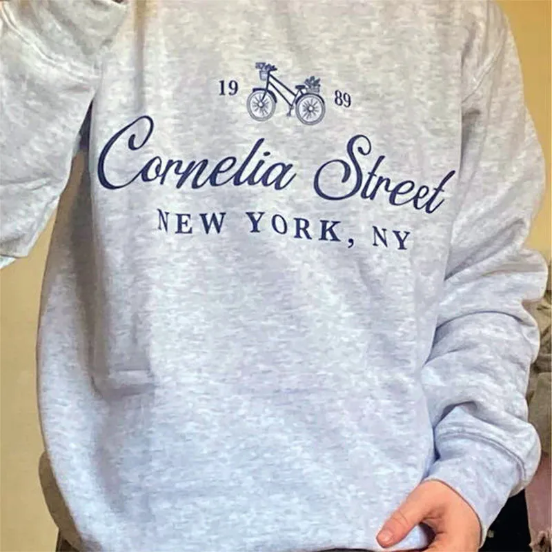 New York Cornelia Street Letters Printed Vintage Style Men Women Loose Sweatshirt Long Sleeve Loose Cotton Thick Autumn Pullover