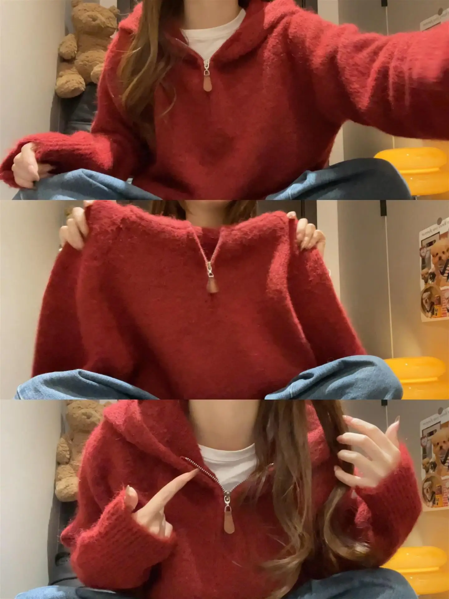 Suéter de Punto con Capucha Rojo, Suave y Acogedor, con Media Cremallera, Hoado, Informal, Estilo Nuevo de Otoño Invierno p...