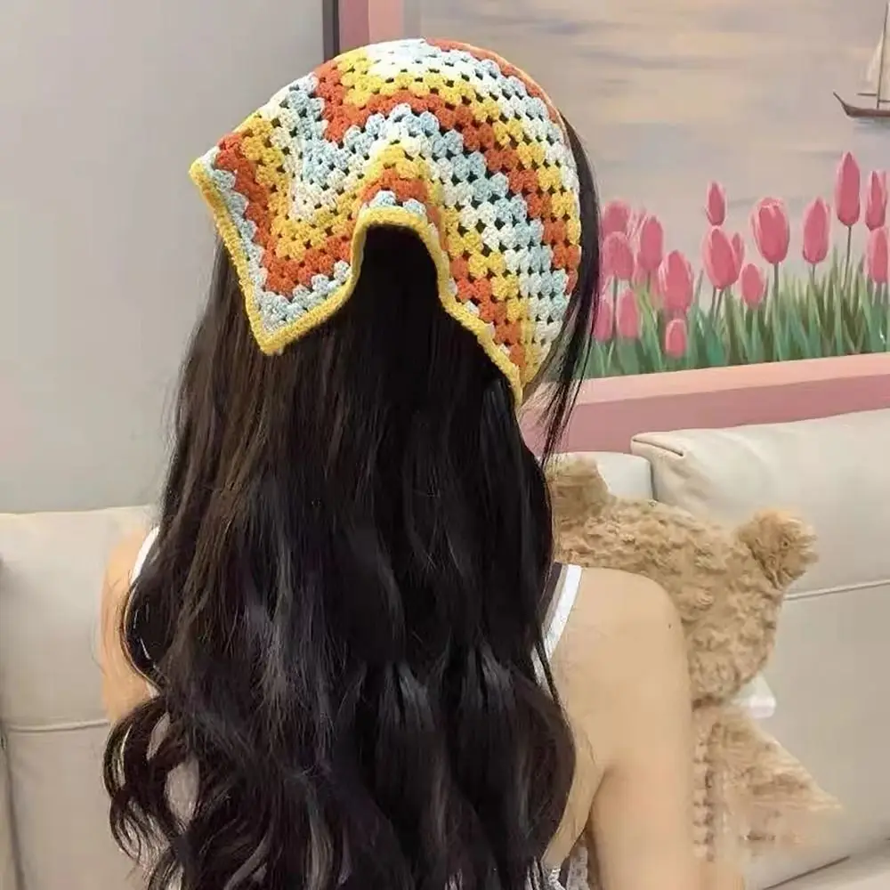 French Pastoral Style Triangle Headband Fashion Handmade Crochet Little Flower Headband Towel Knitted Headscarf Hat Girls