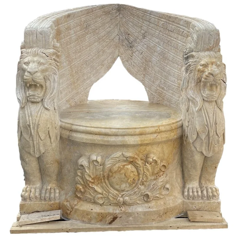 Luxury Natural Travertine Marble Hand Carved Outdoor Garden Decorative Chair with Lion Head Statue Bench