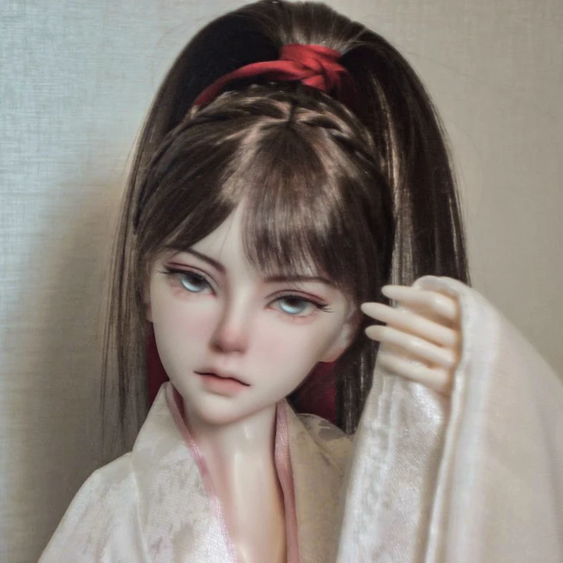 High Ponytail Braided Ancient Style Wig Red Ribbon Chinese Style Dark brown Long Hair 1/6 1/4 1/3 BJD Wig DD SD Doll Accessory