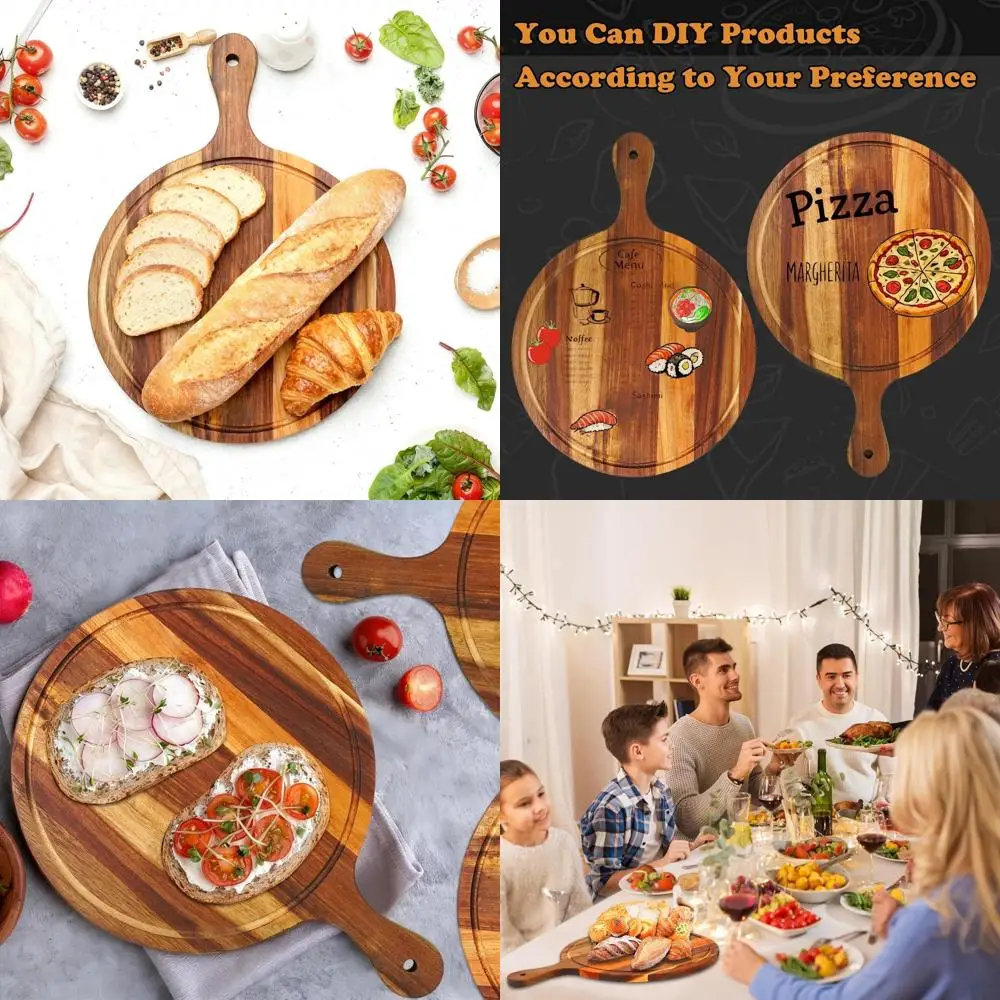 

Набор из 12 круглых разделочных досок из дерева акации с ручками для кухни, сервировки фруктов, хлеба, пиццы и овощей.