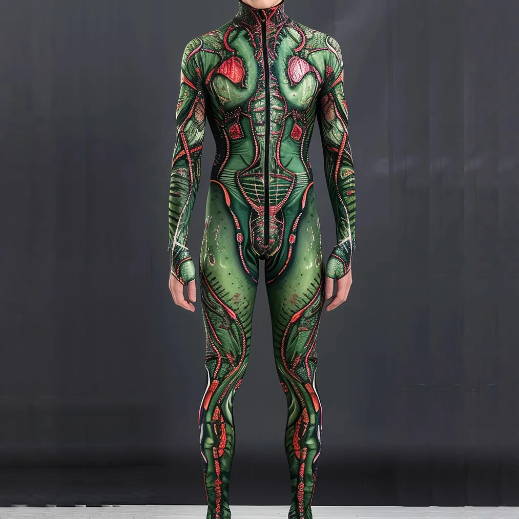 

Men Skeleton Mechanical Armor Jumpsuit Cyber Punk Cosplay Steampunk Romper Costume Halloween Party Elastic Bodysuit