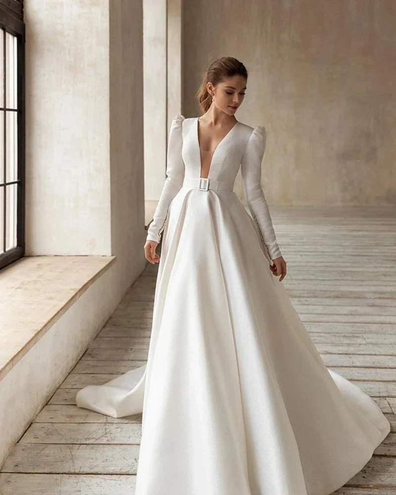 

Elegant Wedding Dresses A-Line Satin Bridal Gowns V-Neck Long Sleeves Robes For Formal Party 2024 Vestidos De Novia