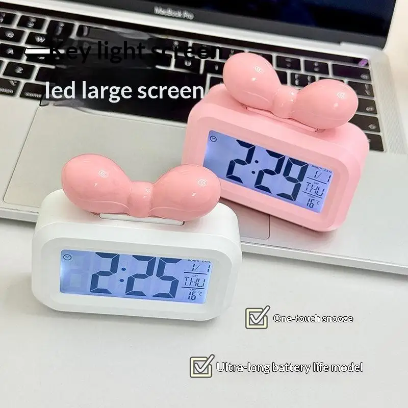 -LED Digital Clock Bowknot Temperature Detection Alarm Clock Cute Gift With Night Light Mini Desktop