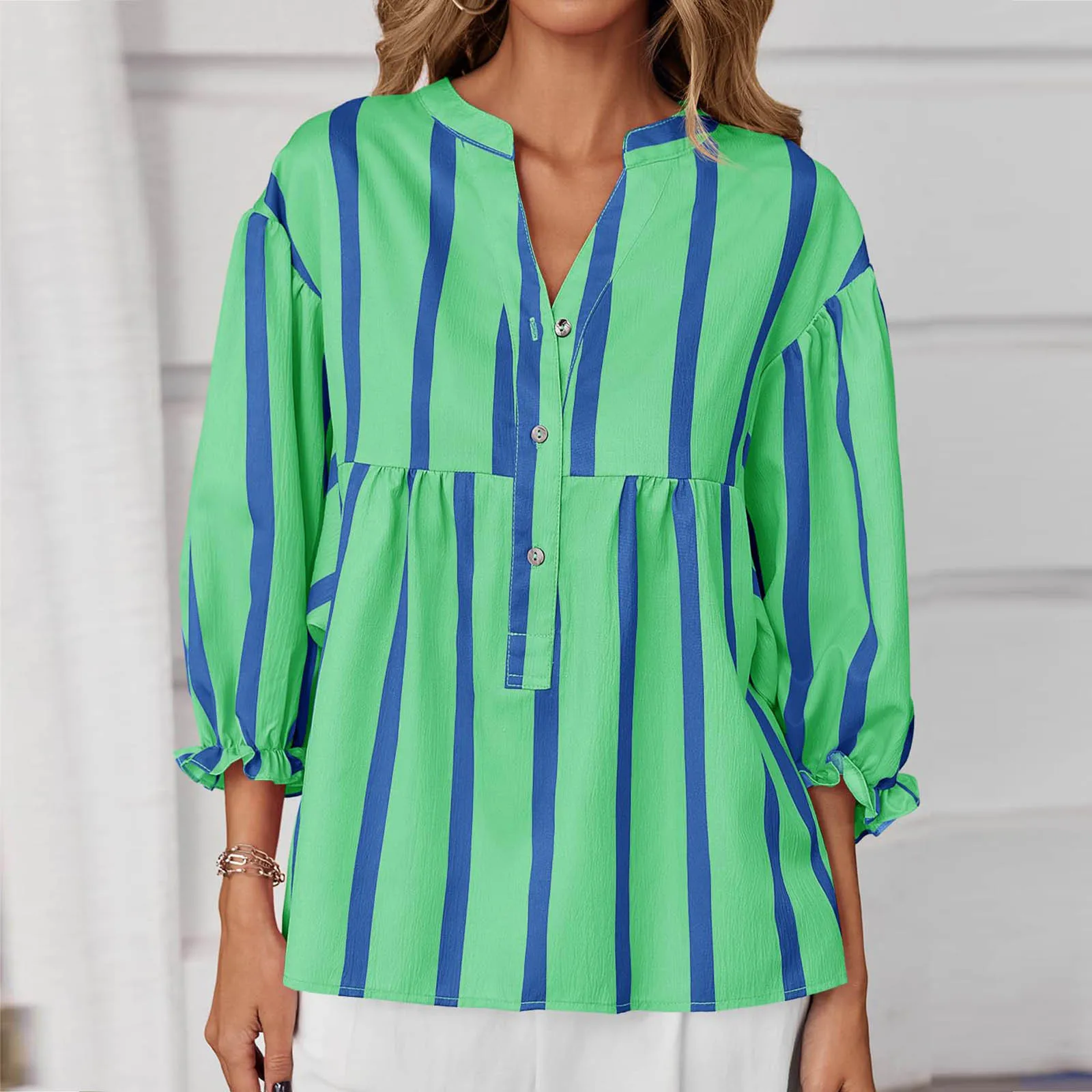 قميص مطبوع مخطط فضفاض، أزرار على شكل حرف V، أكمام سبعة أرباع مقسمة   قميص ربيع الخريف التنقل الملابس النسائية #4