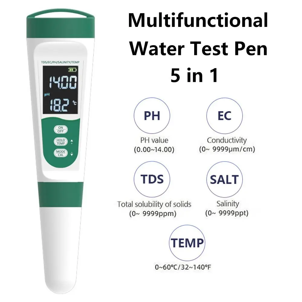 

Portable 5 in1 Water Test Pen Digital LCD Display Water Quality Test Pen 0-9999PPM Multifunctional PH Meter