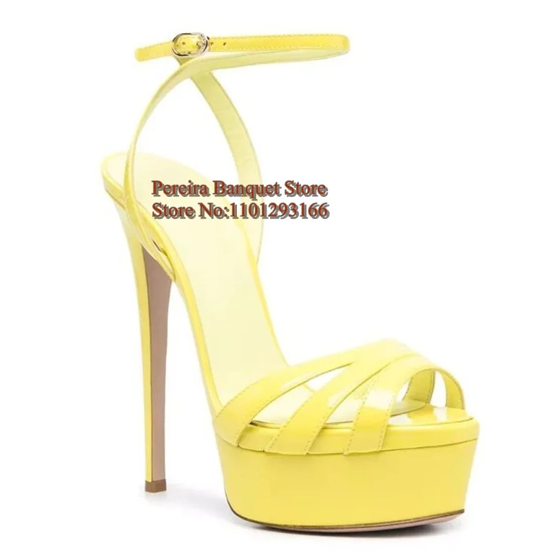 Plus Size 45 Women Strappy Sandals Peep toe Ankle Strap Platform Thin heels Summer Shoes Pink Yellow White Black Patent Leather