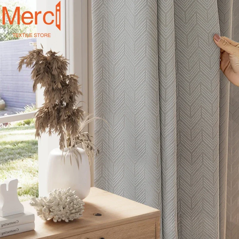 French Luxury Retro Chenille Herringbone Jacquard Light Gray Curtain Milky coffee Curtains for Living Dining Room Bedroom Custom