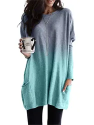 Women's Autumn Winter New Fashion Gradient Color Long Sleeved Casual Pocket T-shirt Round Neck Top Women's Clothing
