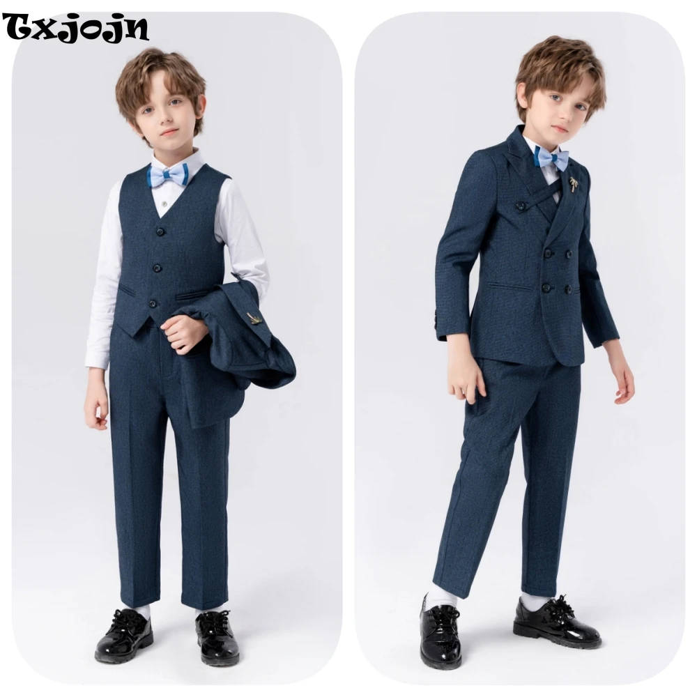 Hot Sale Navy Blue Boys Suits 5 Pieces Blazer Vest Pants Bow-tie Brooch Graceful Kids Suit Set For School Performance Activities