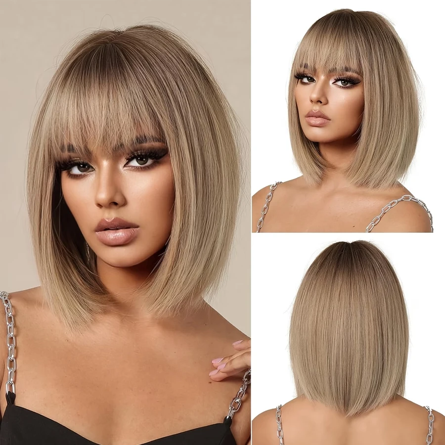 

14-дюймовый парик-каре омбре блонд с челкой - натуральные темные корни и прямые синтетические волосы, подходят для повседневной носки и вечеринок