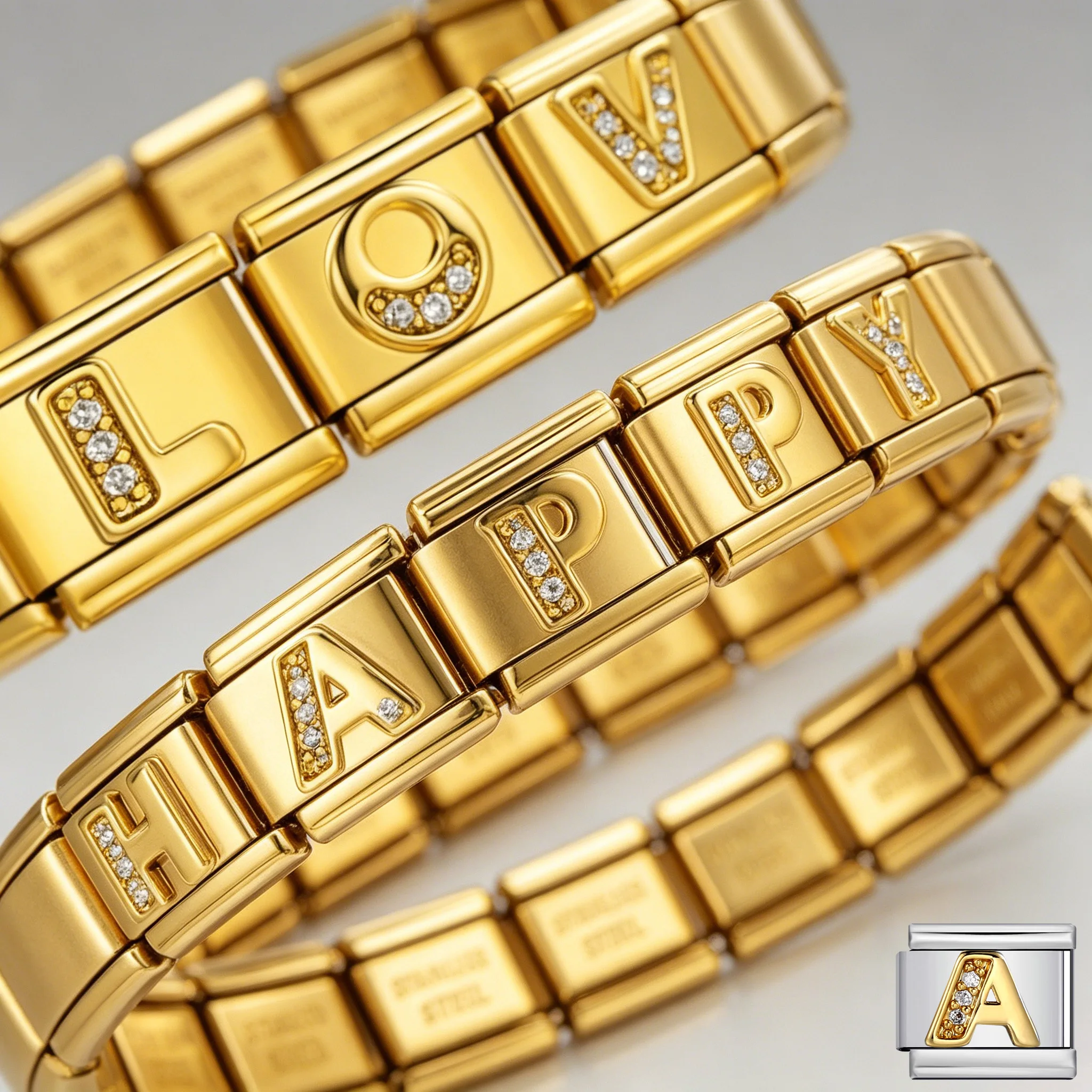 1 Stück A-Z 26 Englische Buchstaben Modische Goldfarbene Italienische Charm-Glieder Passend für 9mm Edelstahl-Armbänder DIY Schmuck für Damen und Herren – Detail 1