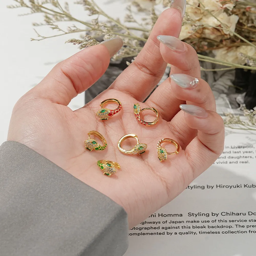 Pendientes de serpiente europea S925: circonita de colores, aros versátiles recubiertos con pegamento de lujo único