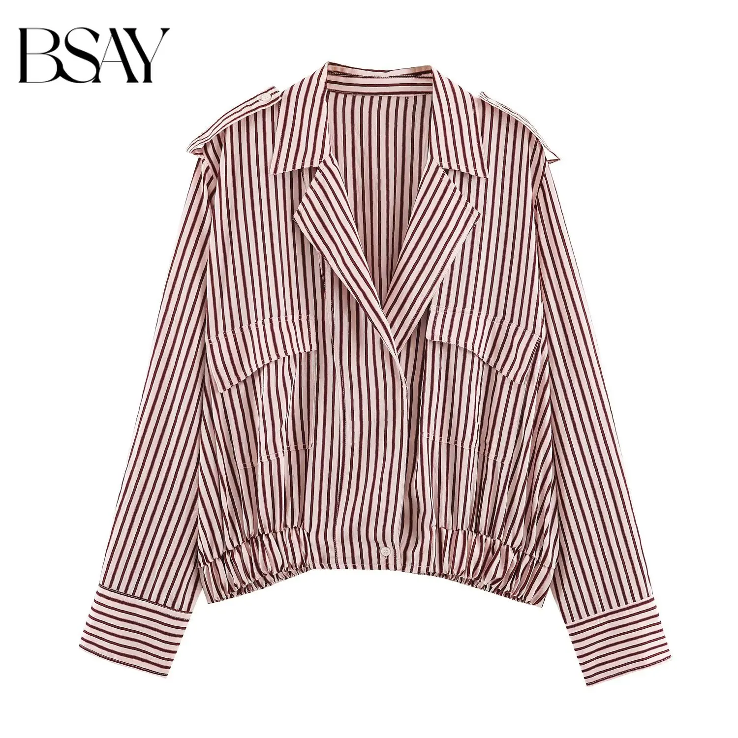 BSAY 2026 Autumn New American Vintage Striped Women Shirt Jacket Lapel Epaulet Decor Elastic Hem Cropped Loose Utility Outerwear