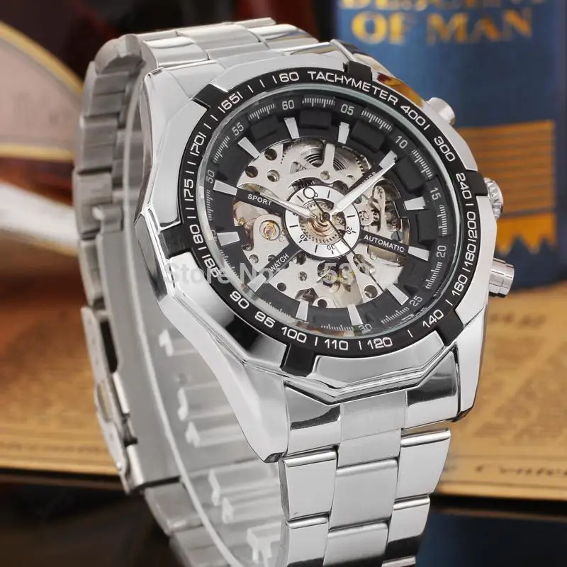 Fashion Winner Top Brand Classic Men's Leisure Hollowed Out Night Glow Full Stainless Steel Automatic Mechanical Wrist Watches