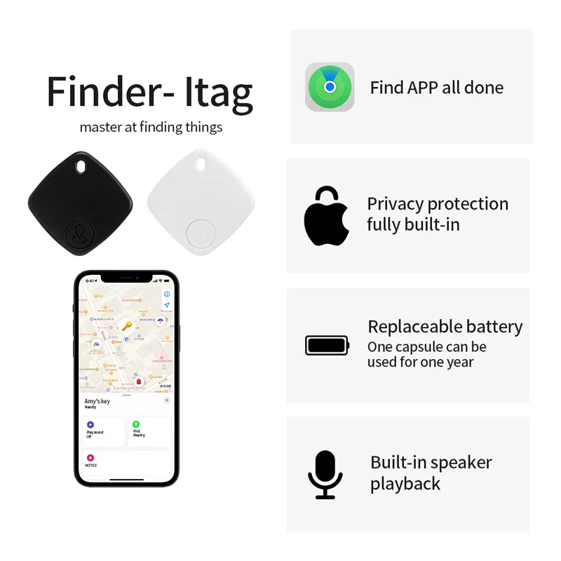 Bluetooth Anti Loss Device IOS Wallet Locator Smart Tag Mini GPS Tracker Keychain Luggage Pet Finder Works with Apple Find My