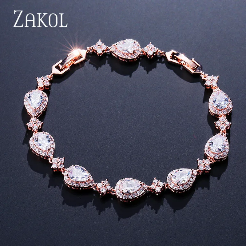 ZAKOL Trendy White Gold Color Cubic Zirconia Stone Big Water Drop Shape Bracelet & Bangle For Women Party Jewelry FSBP2014