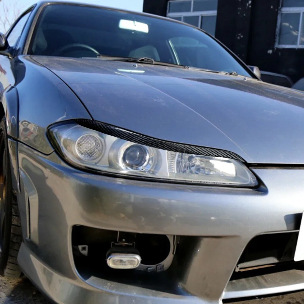 GEFENSI Car Headlight Head Lamp Eyebrow Eyelids Sticker Trim Cover For Nissan 200SX S15 1999 2000 2001 2002 Real Carbon Fiber