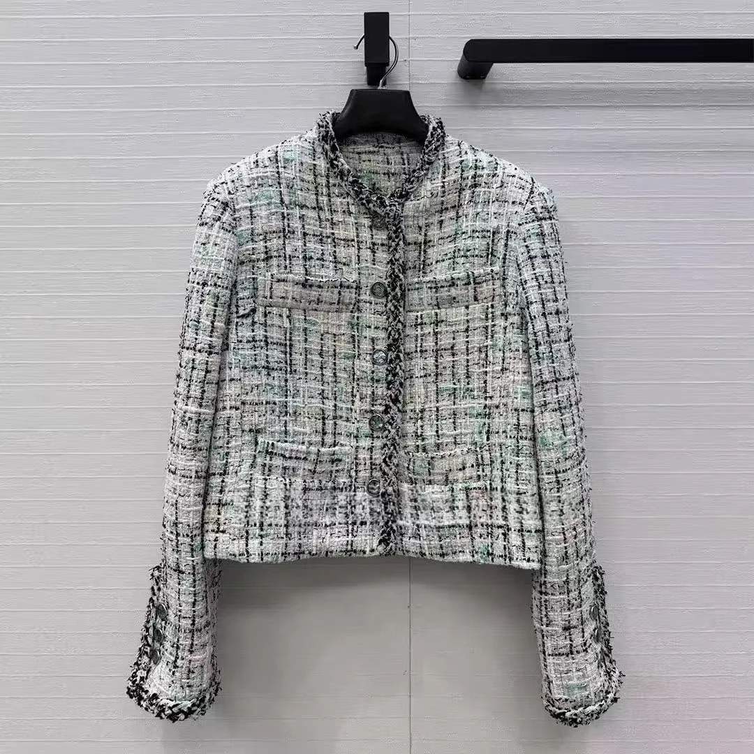 Image of Hochwertige Vintage Grün Karierte Gewebte Tweed-Jacke für Damen Französisch Elegant O-Ausschnitt Langarm Knöpfe Ketten Süßer Mantel Seidenfutter