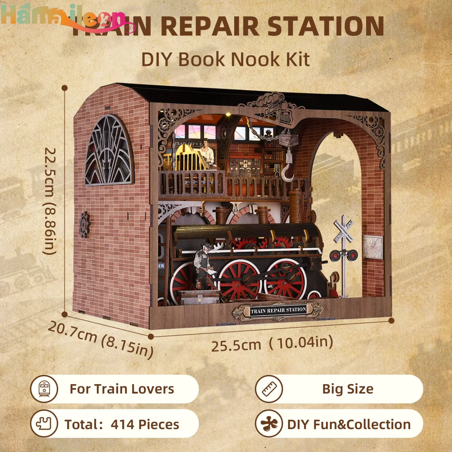 Hamaileon ใหม่ DIY ของเล่น House ชั้นวางหนังสือเครื่องประดับของสะสม Book Nook ของขวัญสําหรับผู้ใหญ่และวัยรุ่น (สถานีซ่อมรถไฟ)