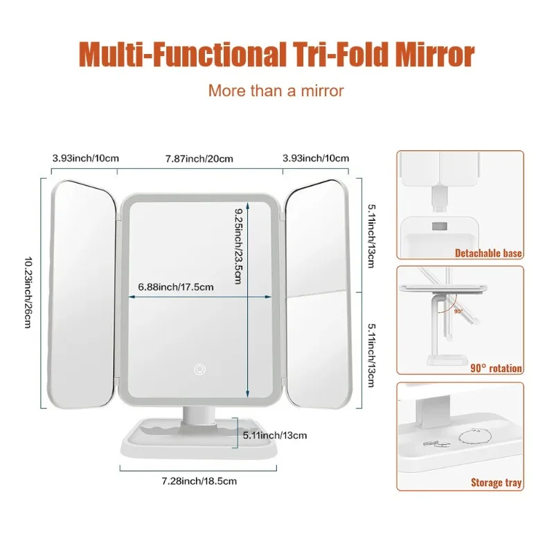三つ折り化粧鏡 LEDライト付き 寮用ドレッシングミラー 美容ライト スマート補助照明付き化粧鏡