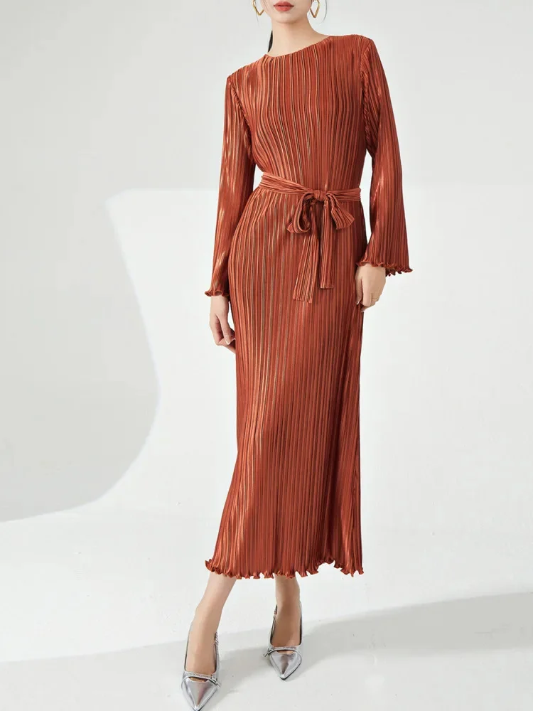

Длинное плиссированное платье с рукавами, женское облегающее платье с круглым вырезом и поясом, со сборкой на талии, женская элегантная одежда, новинка 2DB1475