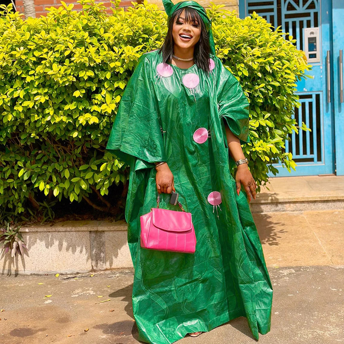 Green African Bazin Riche Boubou With Pink Embroidery Nigerian Women Evening Party Long Robe Clothing Mali Weding Mix Size Dress