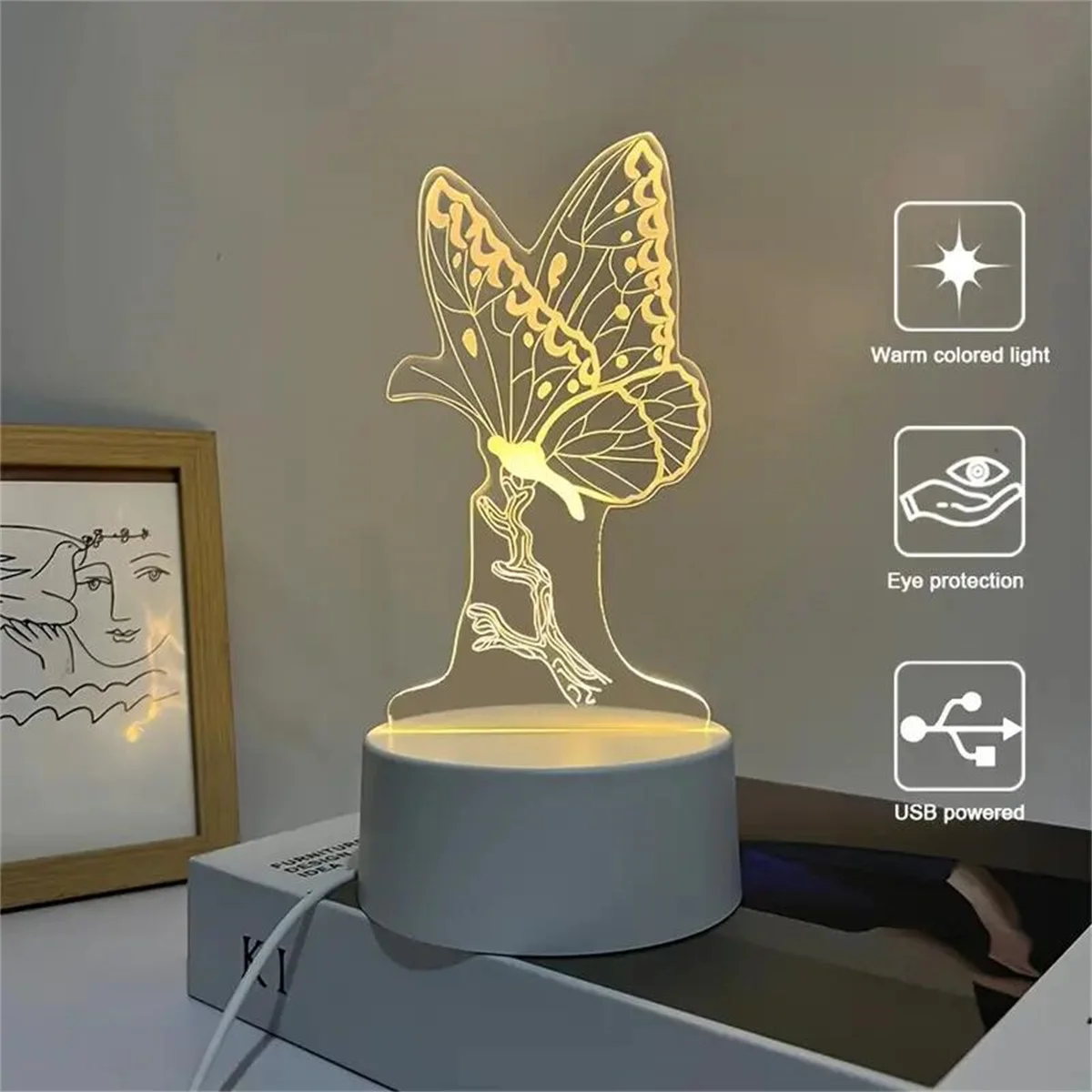 1pc  Butterfly 3D Night Light, 3D Optical Illusion Lamp With Touch, 7-Color Changing Ambient Light For Bedroom