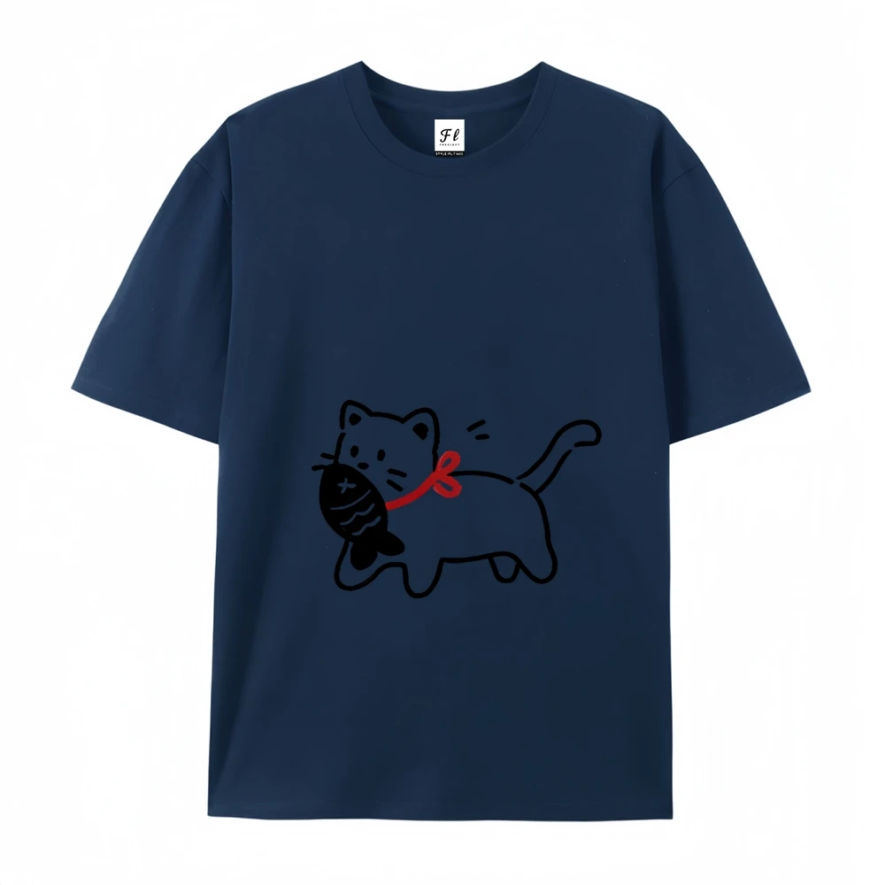 Camiseta con estampado de gato y pez Harajuku, camisetas gráficas de verano, ropa de algodón suave de manga corta con cuello redondo Y2k 2000