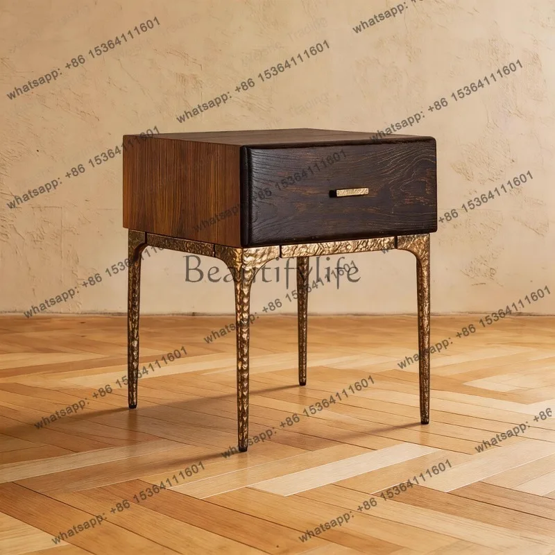LJY Bedside table Premium sense light luxury edge few cast iron side cabinet solid wood oak bedside table edge few