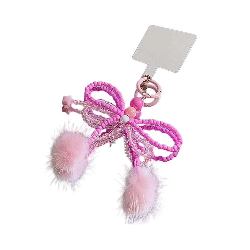 13cm Y2K Pink Bow Beaded Phone Lanyard Korean Sweet Bowknot Mobile Phone Strap Keychain Pendant For Girl Earphone Camera Charm