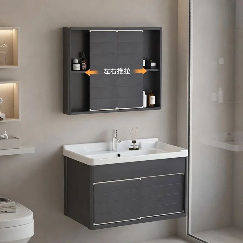 

Aluminum Bathroom Cabinets Sliding Mirror Cabinet Integrated Ceramic Basin Bathroom Vanity Cabinet with Sink Bathroom Furniture