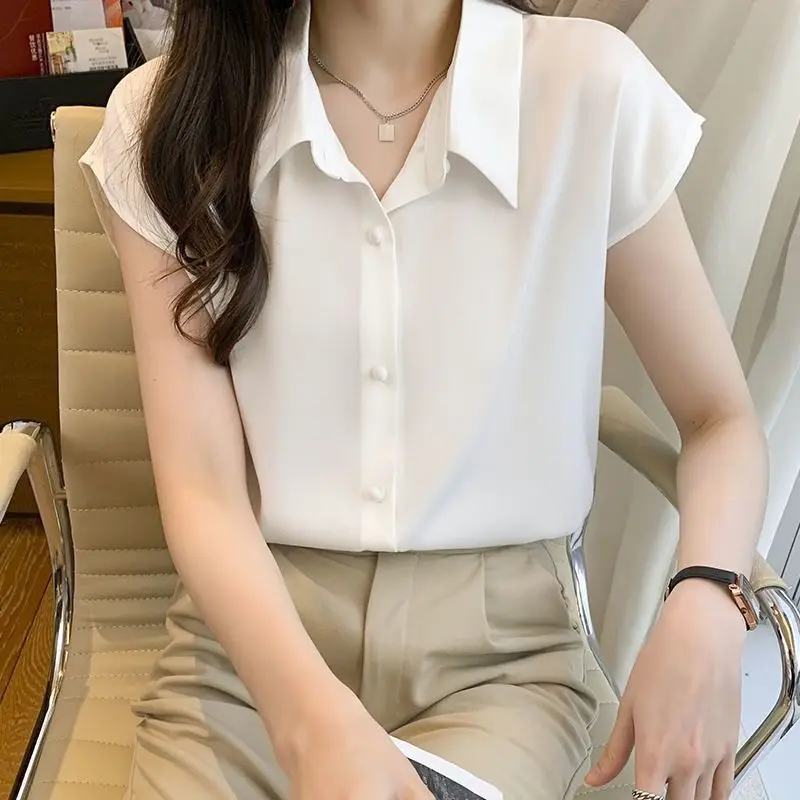 Summer New Slim Style POLO Collar Single Breasted Solid Sleeveless Fashion Commute Korean Version Professional Dress Thin Shirt