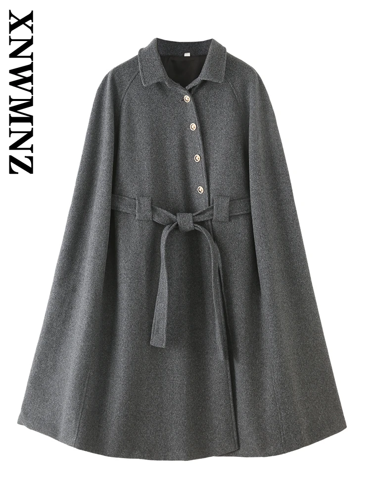 XNWMNZ 2024 Autumn New Lady Sophisticated Tweed Cloaks Top Fashion Woman's Turn-down Collar Outerwear Ruffles belt Ponchos Coat