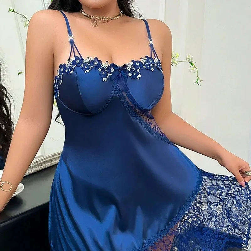 

Women Sexy Nightwear Lace Nightgowns V-neck Sleeveless Lace Silk Satin Nightdress Nightwear Sleepshirts Sleep Wear Clothes