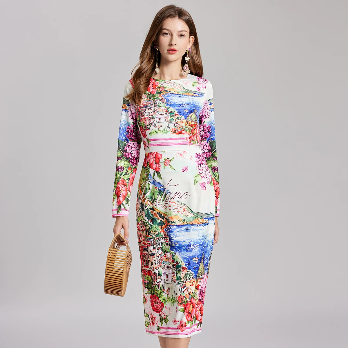 Brand Designer Autumn Long Sleeve Floral Midi Pencil Dress Women Elegant Sheath Bodycon Seaside City Print Flower Party Vestidos