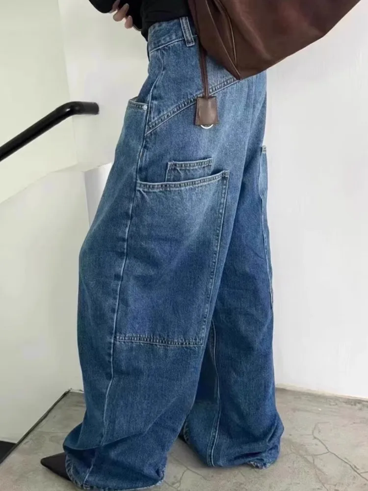 

American Retro Workwear Denim Pants Women's Autumn Winter New Design Loose Straight Wide Leg Floor-Length Trousers