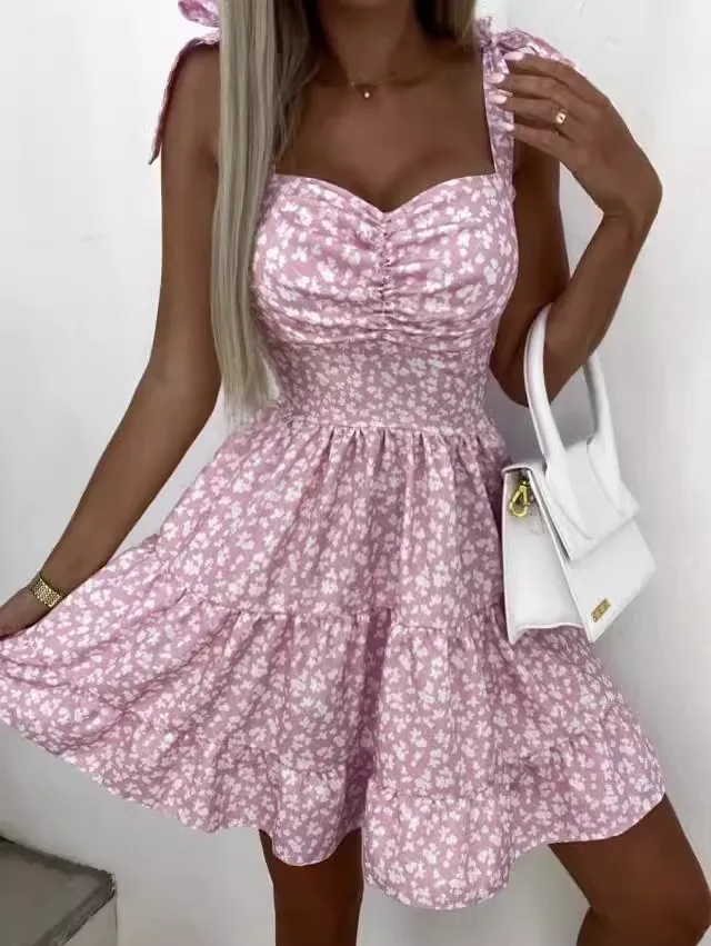 

Women's new camisole printed waist cinching dress with stylish style loose fitting and versatile clothing for commuting